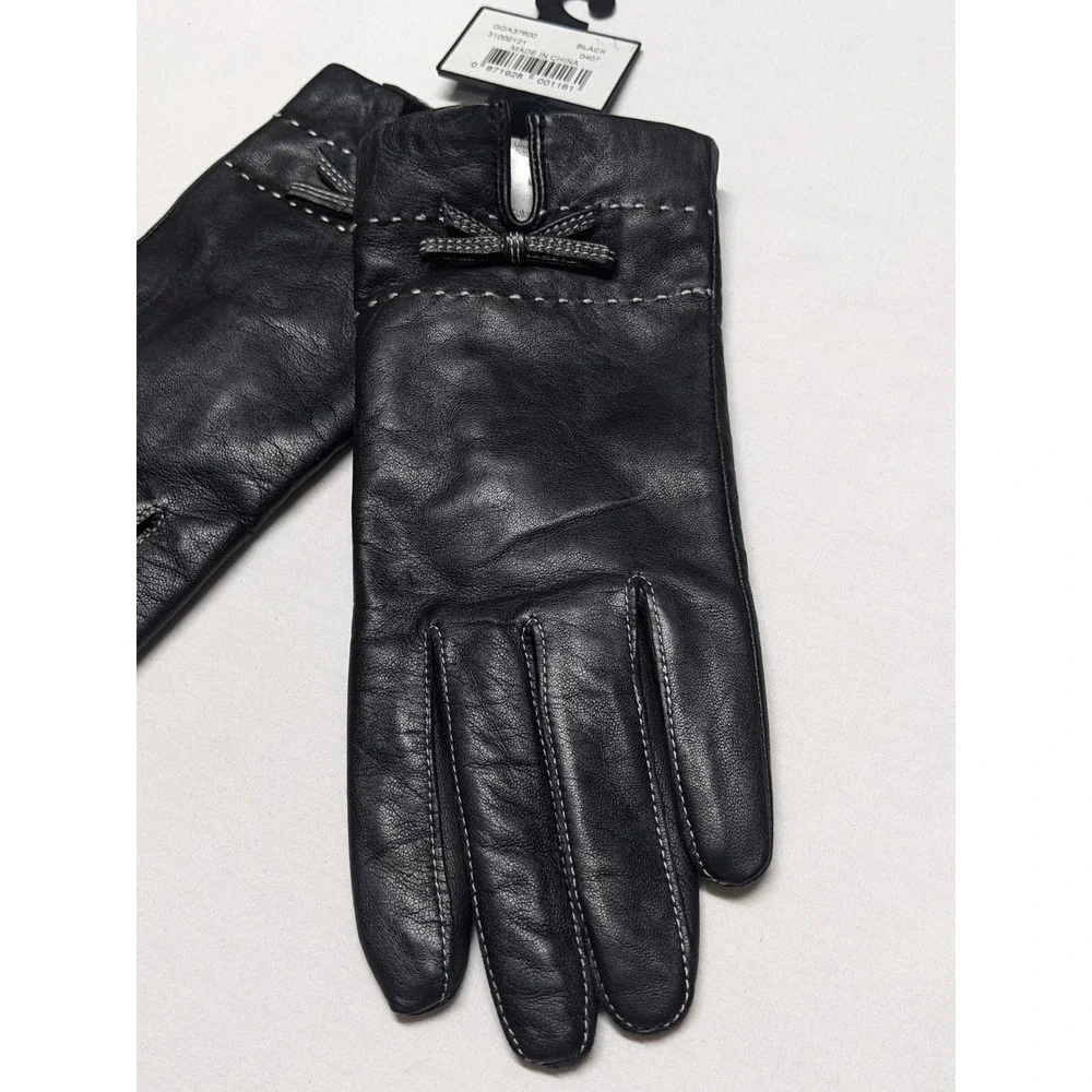 George Womens Black Leather Gloves Thinsulate Insulated‎ Bow Accent Size L NEW